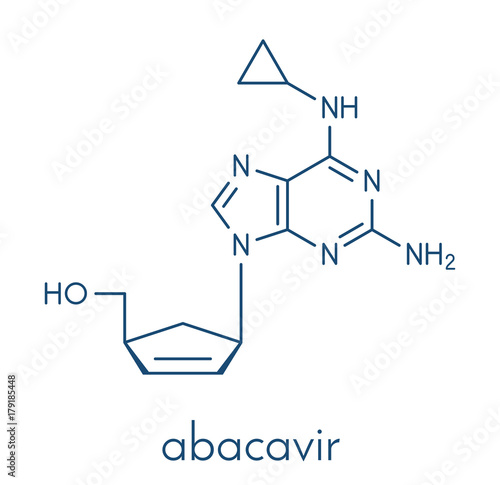 Abacavir (ABC) reverse transcriptase inhibitor drug. Used in treatment of HIV infection and AIDS. Skeletal formula.