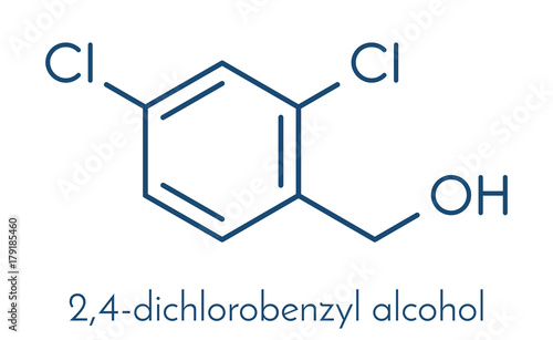 2,4-dichlorobenzyl alcohol antiseptic drug molecule. Used in lozenges to treat sore throat. Skeletal formula.