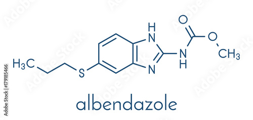 Albendazole anthelmintic drug molecule. Used in treatment of parasitic worm infestations. Skeletal formula.