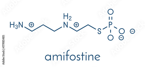 Amifostine cancer drug molecule. Adjuvant drug that protects against cancer chemotherapy side effects. Skeletal formula. photo