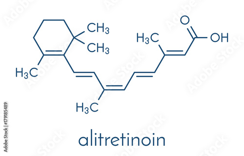 Alitretinoin (9-cis-retinoic acid) cancer and eczema drug molecule. Analog of vitamin A. Skeletal formula. photo