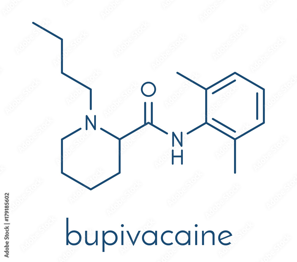 Bupivacaine epidural anesthetic drug molecule (local anesthetic). Skeletal formula. Bupivacaine epidural anesthetic drug molecule (local anesthetic). Skeletal formula.