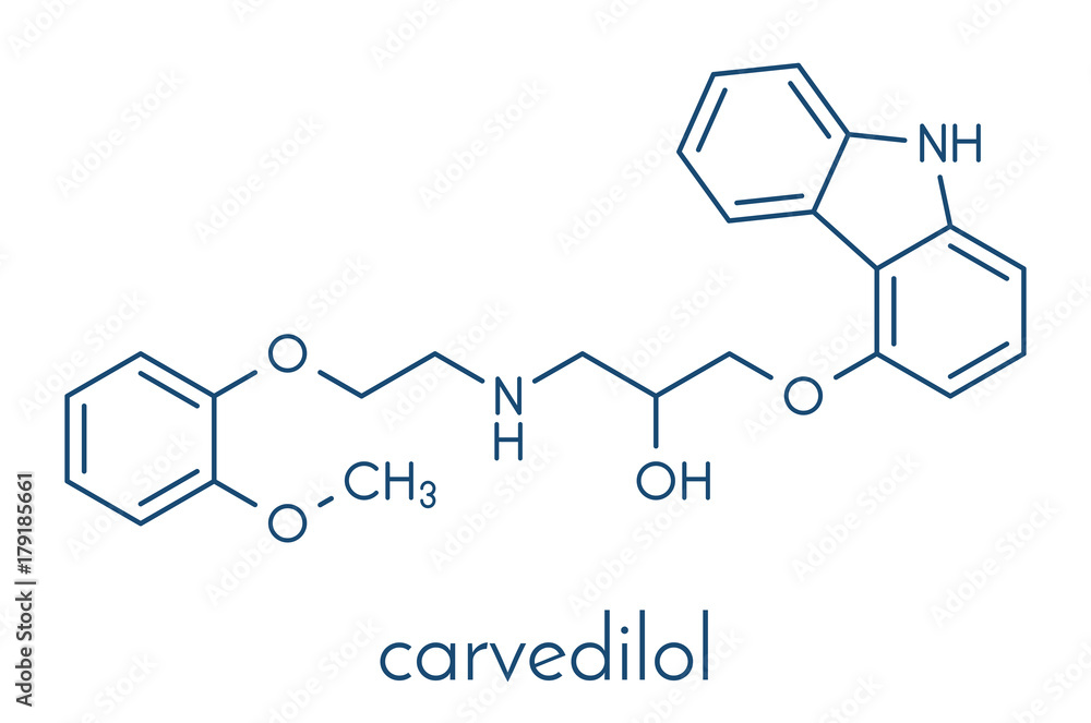 Carvedilol congestive heart failure drug molecule. Skeletal formula. Carvedilol congestive heart failure drug molecule. Skeletal formula.