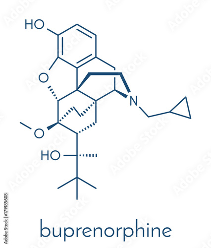 Buprenorphine opioid addiction and pain killer drug molecule. Skeletal formula.