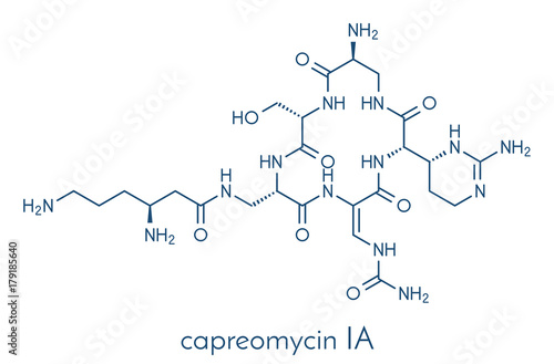 Capreomycin antibiotic drug molecule. Skeletal formula.
