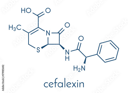 Cefalexin antibiotic drug molecule (cephalosporin, first generation). Skeletal formula.