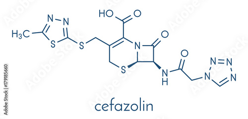 Cefazolin antibiotic drug molecule (cephalosporin, first generation). Skeletal formula.
