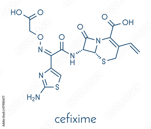 Cefixime antibiotic drug molecule (cephalosporin, third generation). Skeletal formula.