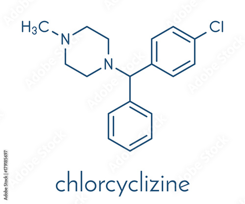 Chlorcyclizine antihistamine drug molecule. Used in treatment of allergy, urticaria, rhinitis and pruritus and possibly also to treat hepatitis C. Skeletal formula.