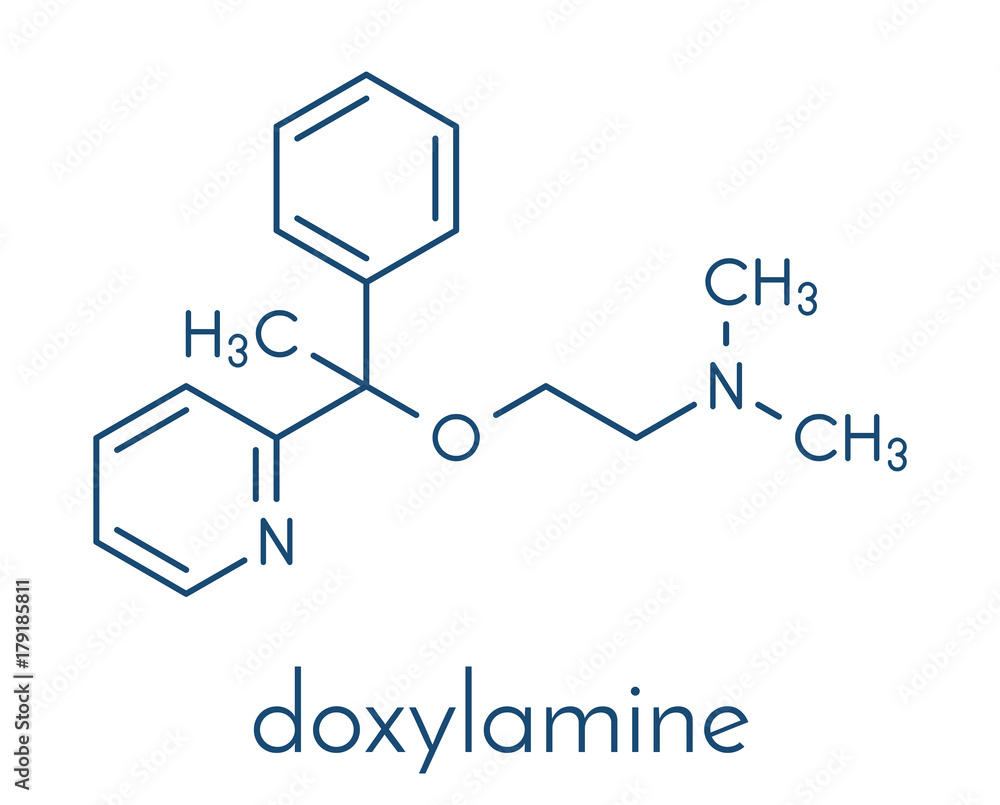 Doxylamine antihistamine drug molecule. Also used as over-the-counter (OTC) sedative. Skeletal formula. Doxylamine antihistamine drug molecule. Also used as over-the-counter (OTC) sedative. Skeletal formula.