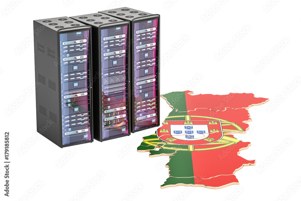 Data Center server racks in Portugal concept, 3D rendering Stock