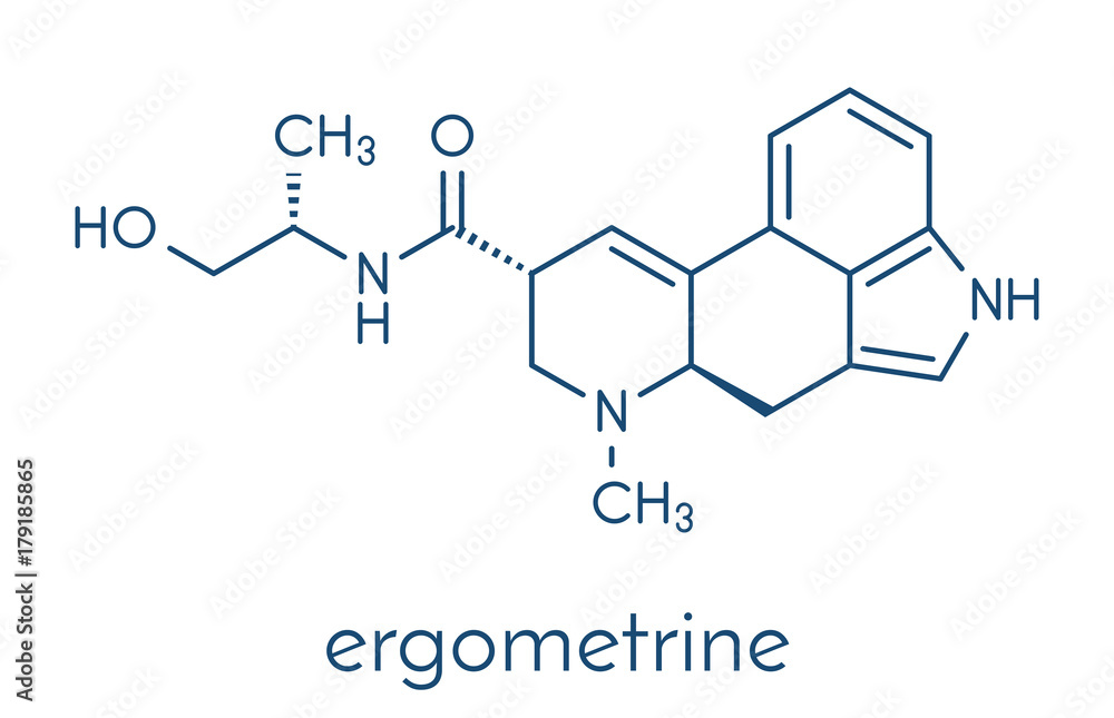Ergometrine drug molecule. Used to prevent bleeding after childbirth (postpartum haemorrhage). Skeletal formula. Ergometrine drug molecule. Used to prevent bleeding after childbirth (postpartum haemorrhage). Skeletal formula.