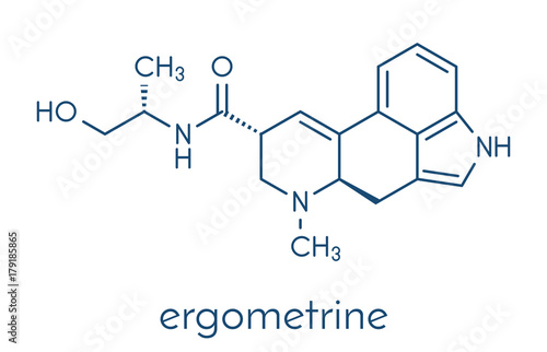 Ergometrine drug molecule. Used to prevent bleeding after childbirth (postpartum haemorrhage). Skeletal formula. photo