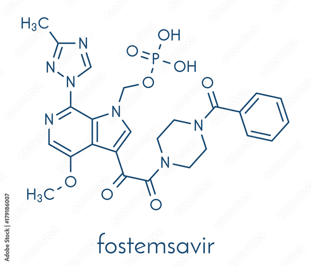 Fostemsavir HIV virus drug molecule. Skeletal formula. Fostemsavir HIV virus drug molecule. Skeletal formula.