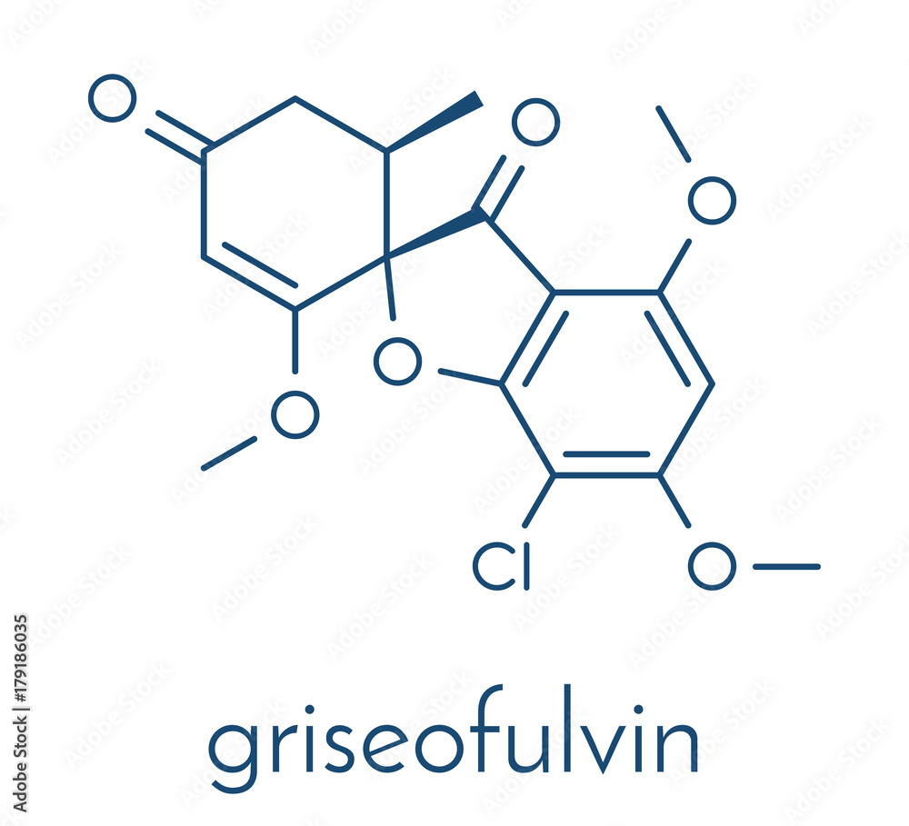 Griseofulvin antimycotic drug molecule. Used to treat fungal infections of the skin and nails. Skeletal formula.