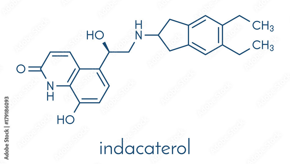 Indacaterol COPD drug molecule. Skeletal formula. Indacaterol COPD drug molecule. Skeletal formula.
