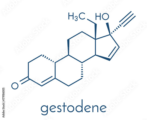 Gestodene progestogen hormonal contraceptive drug molecule. Skeletal formula.