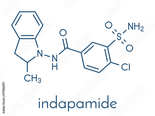 Indapamide hypertension drug molecule (diuretic). Skeletal formula.