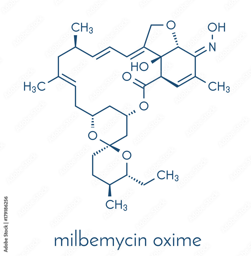 Milbemycin oxime antiparasitic drug molecule (veterinary). Skeletal formula.
