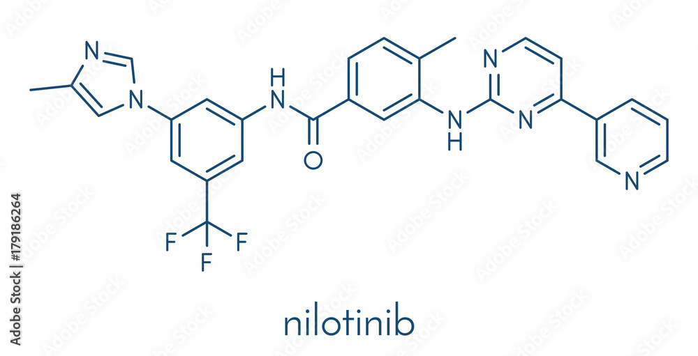 Nilotinib cancer drug molecule (tyrosine kinase inhibitor). Skeletal formula.