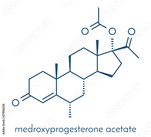 Medroxyprogesterone acetate (MPA) progestin hormone drug. Used as contraceptive, in hormone replacement therapy and in the treatment of endometriosis. Skeletal formula.