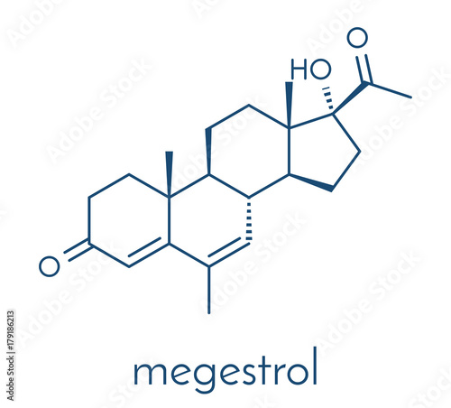 Megestrol molecule. Megestrol acetate, the ester of megestrol is used as an appetite stimulant and cancer drug. Skeletal formula.