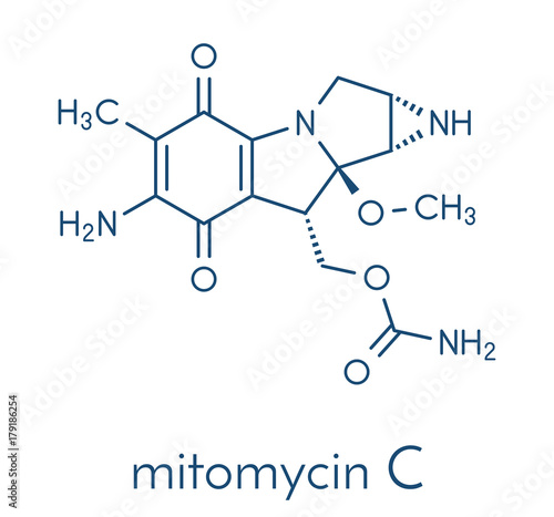 Mitomycin C cancer drug molecule. Skeletal formula.