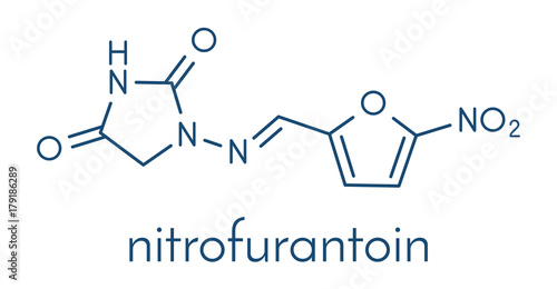 Nitrofurantoin antibiotic drug molecule. Used to treat urinary tract infections (UTI). Skeletal formula.