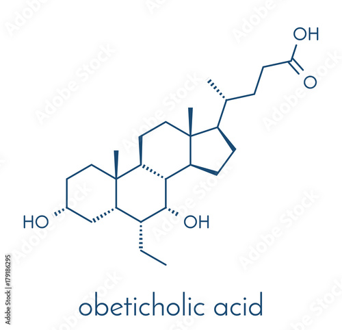 Obeticholic acid liver disease drug molecule. Agonist of farnesoid x receptor (FXR). Skeletal formula.
