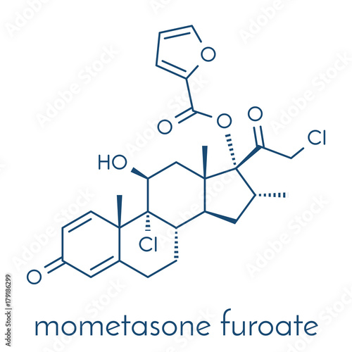 Mometasone furoate steroid drug molecule. Prodrug of mometasone. Skeletal formula.