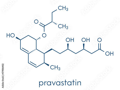 Pravastatin cholesterol lowering drug molecule. Skeletal formula.