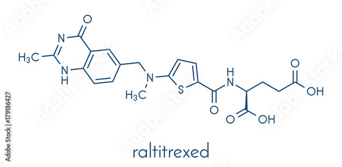 Raltitrexed cancer chemotherapy drug molecule. Skeletal formula.