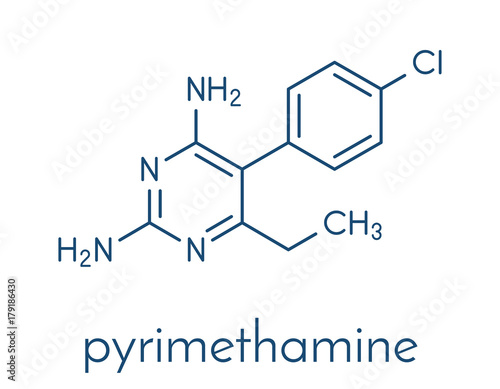 Pyrimethamine malaria drug molecule. Also used as an antiprotozoal drug. Skeletal formula.