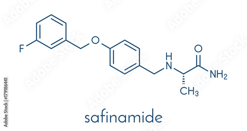 Safinamide Parkinson's disease drug molecule. Skeletal formula.