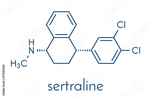 Sertraline antidepressant drug molecule. Skeletal formula.