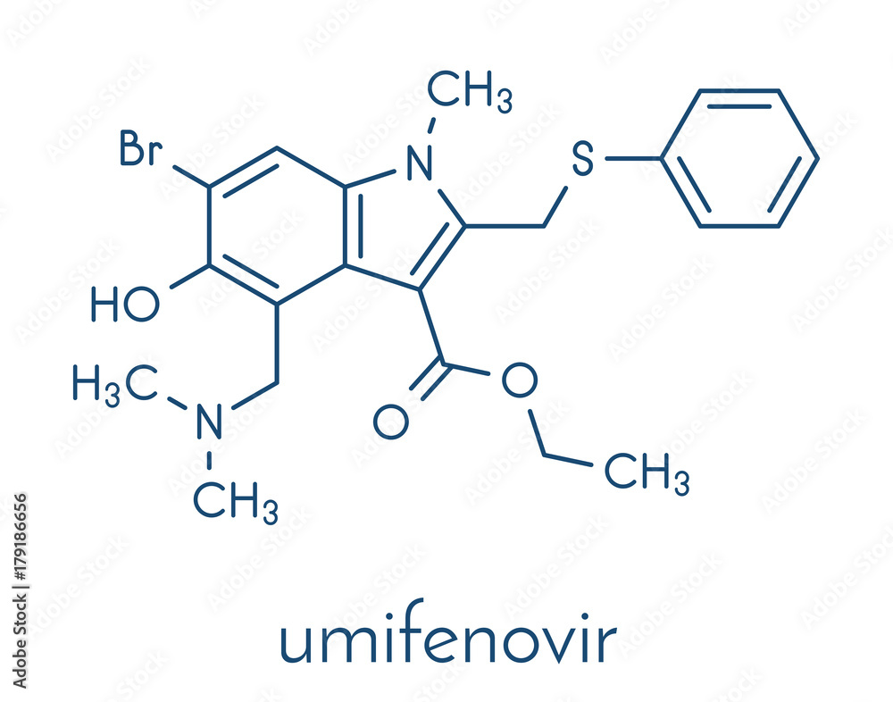 Umifenovir influenza drug molecule. Skeletal formula.