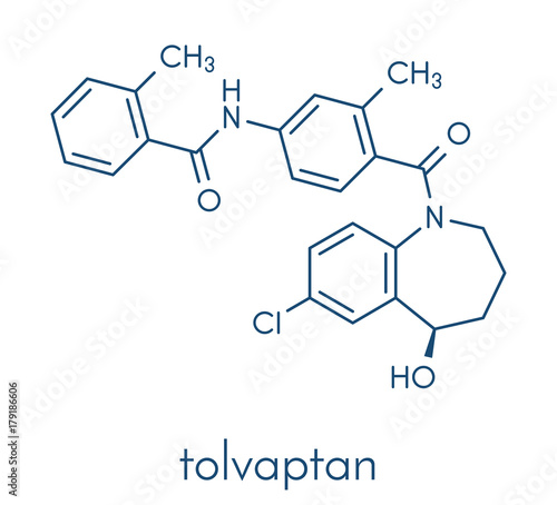 Tolvaptan hyponatremia (low blood sodium level) drug molecule.  Skeletal formula.