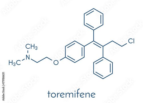 Toremifene oral selective estrogen receptor modulator (SERM) drug molecule. Skeletal formula.