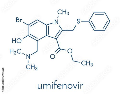 Umifenovir influenza drug molecule. Skeletal formula.