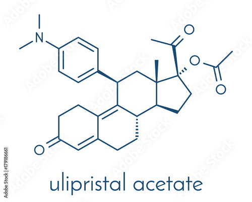 Ulipristal acetate contraceptive drug molecule. Used in emergency contraception tablets (morning-after pill). Skeletal formula.