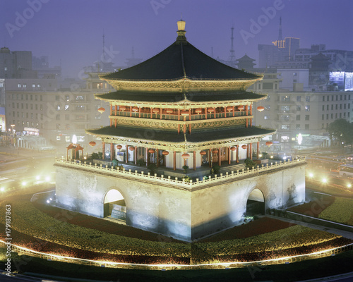 Night view of the Bell Tower, Qing Dynasty, city centre, Xian, Shaanxi Province, China, Asia photo