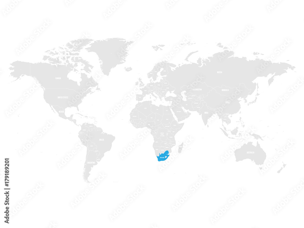 South Africa marked by blue in grey World political map. Vector illustration. South Africa marked by blue in grey World political map. Vector illustration.