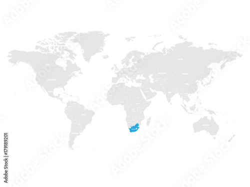 South Africa marked by blue in grey World political map. Vector illustration.