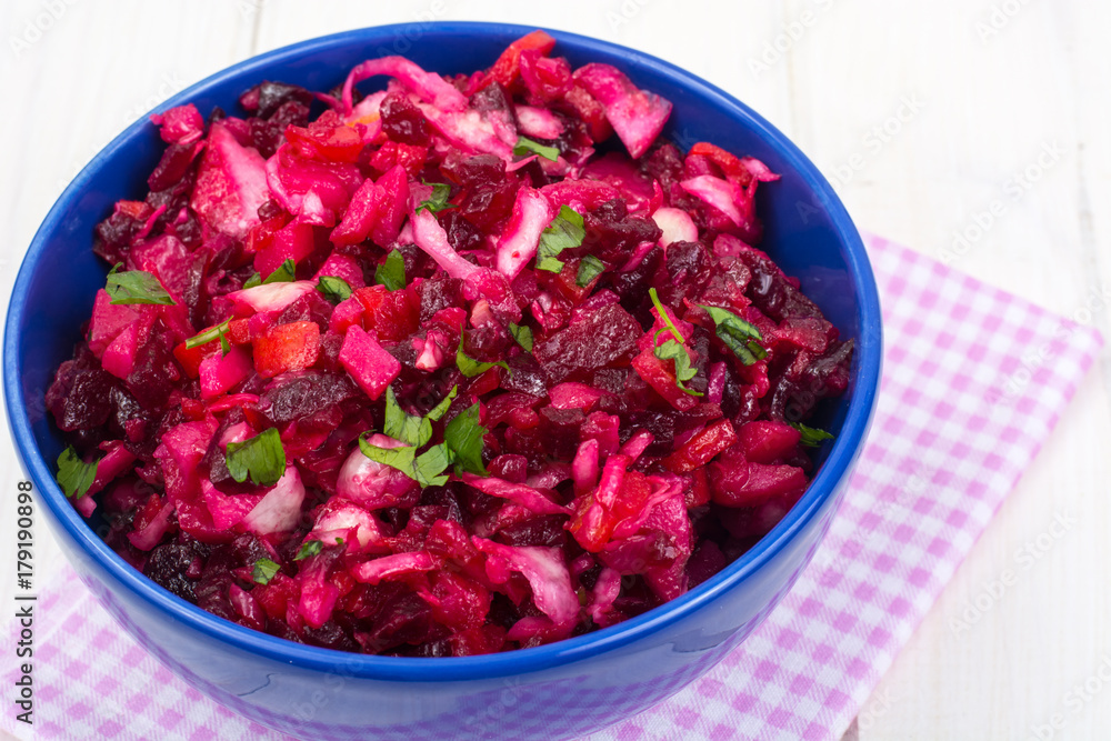Vegetarian menu. Beetroot salad from boiled vegetables Vegetarian menu. Beetroot salad from boiled vegetables