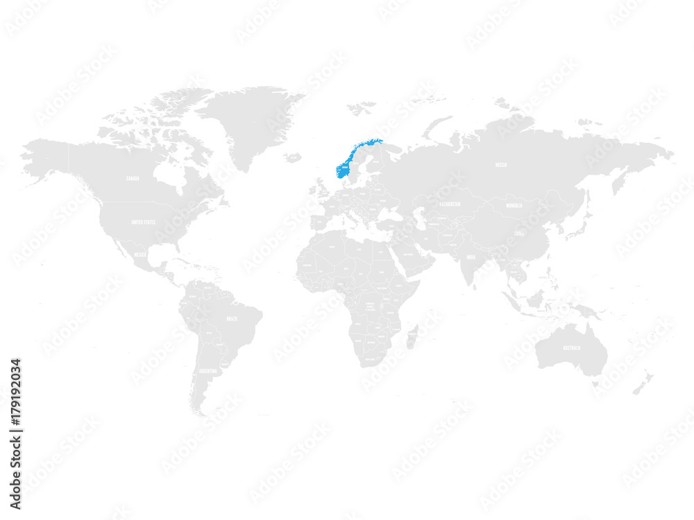 Norway marked by blue in grey World political map. Vector illustration.