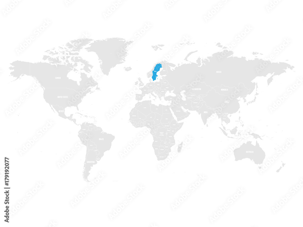 Finland marked by blue in grey World political map. Vector illustration.