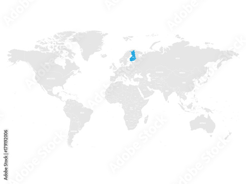 Finland marked by blue in grey World political map. Vector illustration.