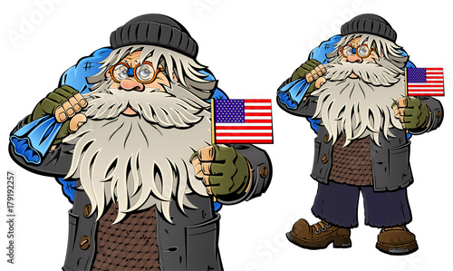 Homeless man with a US flag. The tramp, bum.