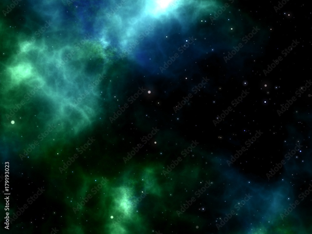 Stars shining through a blue and green Nebula in the space or cosmos Stars shining through a blue and green Nebula in the space or cosmos