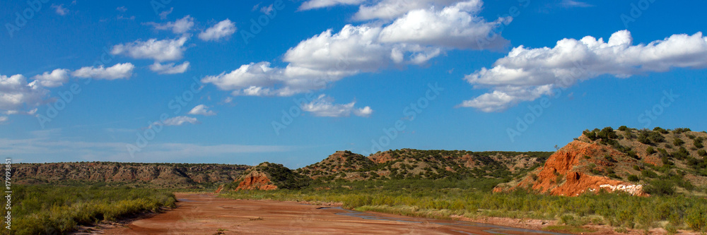Panorama of the dry river bed of the Prairie Dog Town Fork of the Red River in the Texas Panhandle